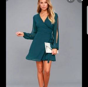 Teal blue wrap dress with split sleeves